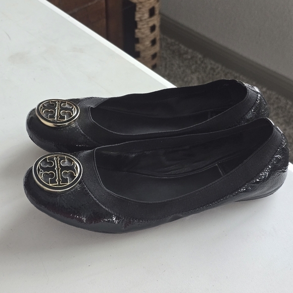 Tory Burch Caroline Ballet Flats 6M Black Women Naplak Elastic Patent Leather - Picture 8 of 14